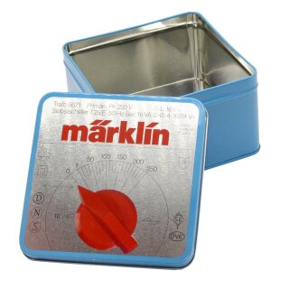Märklin Fanartikel - Keksdose blau/silber im Märklin Trafo-Design