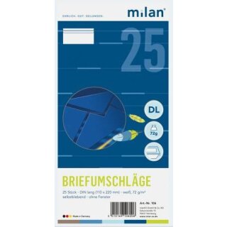 Milan 25 Briefumschläge DIN lang weiß, selbstklebend, ohne Fenster X