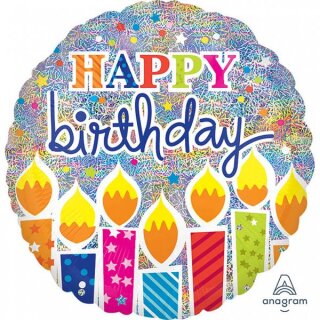 Amscan Folienballon Happy Birthday mit Kerzen Holographic, 45 cm inkl. Helium - nur Abholung, kein Versand möglich