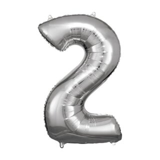 Riethmüller Zahl 2 Silber Folienballon 50 cm x 88 cm inkl. Helium - nur Abholung, kein Versand möglich