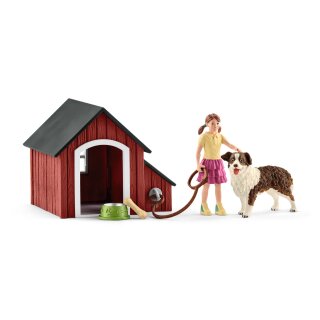 Schleich 42376 - Farm World - Hundehütte mit Australian Sheperd Hund mit Mädchen Figur