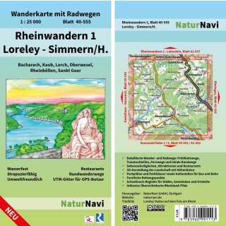 Naturnavi Rheinwandern 1 - Loreley - Simmern/Hunsrück - Mittelrheintal Wanderkarte