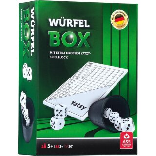 ASS Altenburger Würfel-Box Yatzy Spiel mit Würfelbecher, 5 weiße Würfel + Block