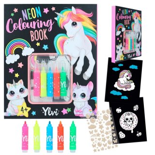 Einhorn Ylvi Neon-Malbuch-Set mit 25 Seiten für Mädchen - mit Stiften + Stickern