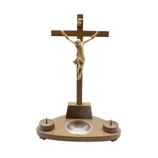 Holzkreuz mit Christuskörper, 2 Kerzenhaltern und Weihwasserschale 30 cm LS22a