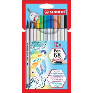 STABILO Pen 68 brush - Faserschreiber mit Pinselspitze - Etui mit 12 Stiften