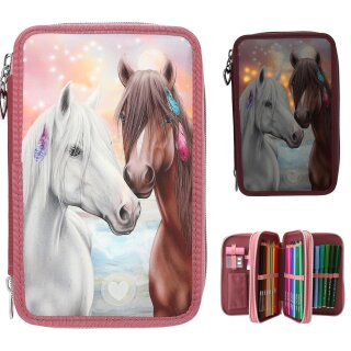 Miss Melody 3 Fach Federtasche - Pferde-Mäppchen für Mädchen mit LED