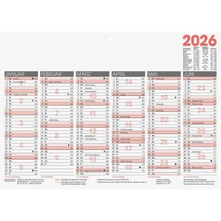 Brunnen Tafelkalender 2026 A4 1 Seite/6 Monate aus kräftigem Karton