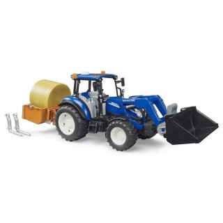 Bruder 02187 New Holland T5.120 mit Frontlader, Ladekasten, Gabeln und Rundballen
