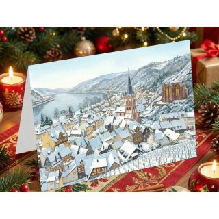 Doppelkarte mit Umschlag: Blick auf das winterliche Bacharach am Rhein